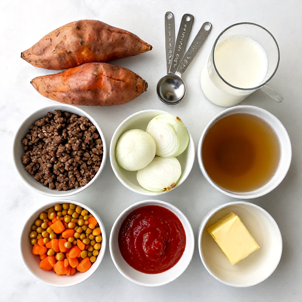 Sweet Potato Shepherd’s Pie ingredients flat lay