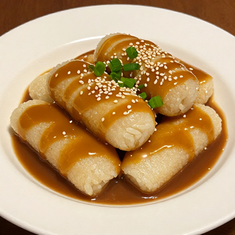 Plated serving of Sweet Soy Butter Korean Rice Cakes on a white plate