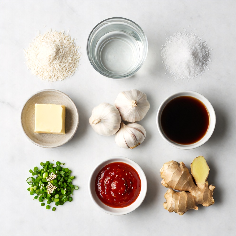Raw ingredients for Sweet Soy Butter Korean Rice Cakes on a white marble surface