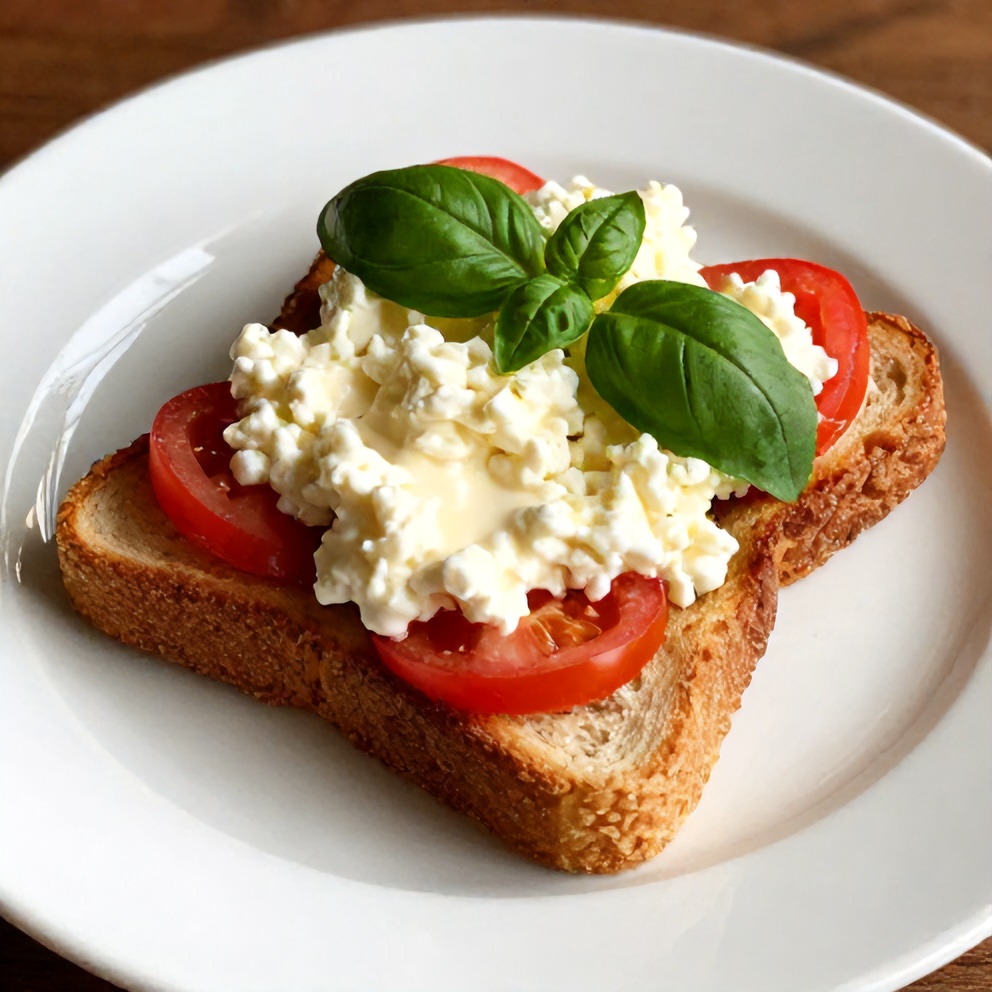 Plated Tomato Cottage Cheese Toast with Fresh Basil