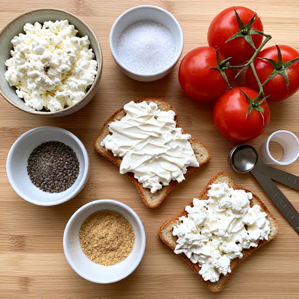 Raw Ingredients for Tomato Cottage Cheese Toast on a Wooden Surface
