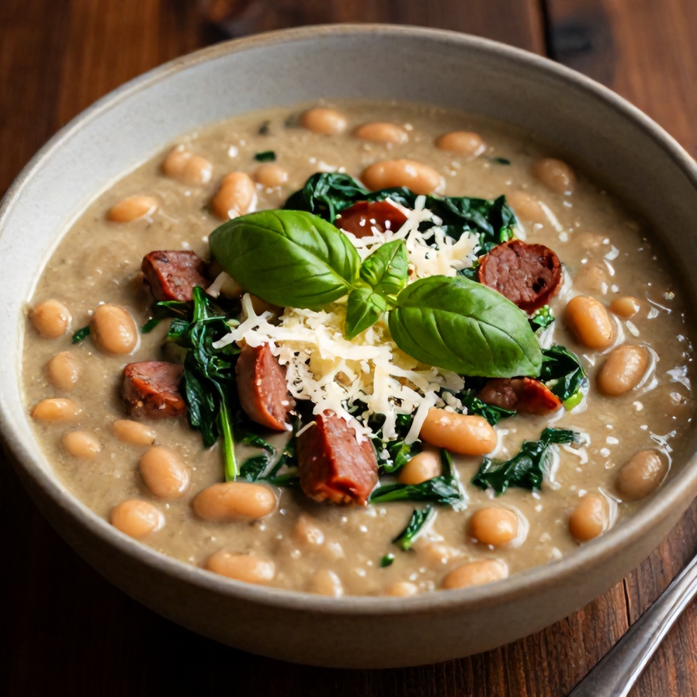 Bowl of Creamy Tuscan White Bean Soup with Sausage and Spinach