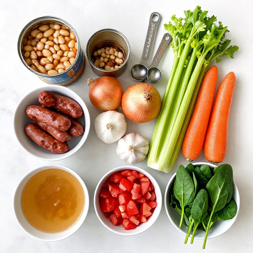 Ingredients for Easy Tuscan White Bean Soup with Sausage and Spinach