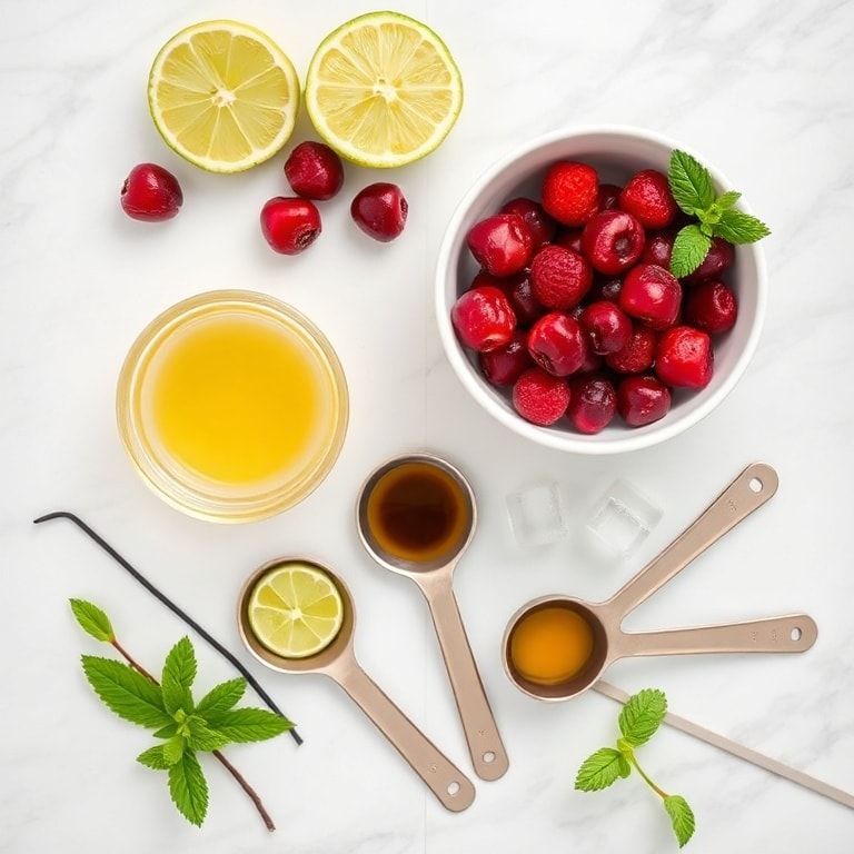 Raw cranberries, lemon, vanilla, syrup, mint flat lay