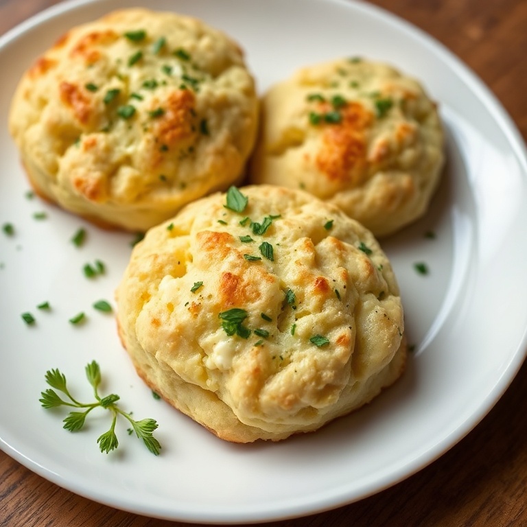 Perfectly plated wild garlic cheese scones with a sprinkle of fresh herbs. Close crop showing crispy texture. White porcelain plate with warm lighting.