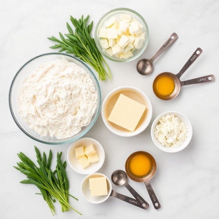 Raw ingredients for wild garlic cheese scones. Flour, wild garlic, cheese, butter, and eggs arranged in a flat lay. Measuring spoons and bowls visible. White marble surface. Bright even light.
