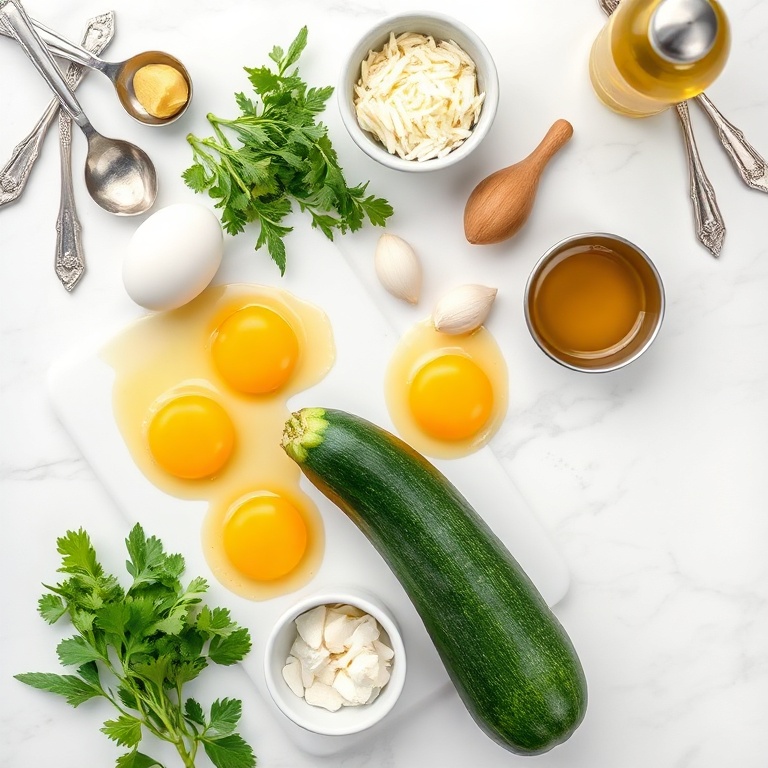 Fresh zucchini, eggs, parmesan, garlic, and olive oil arranged in an overhead flat lay. Measuring spoons, bowls, and a cutting board visible. White marble surface. Bright even light. Photorealistic food photography. No text. No watermark.
