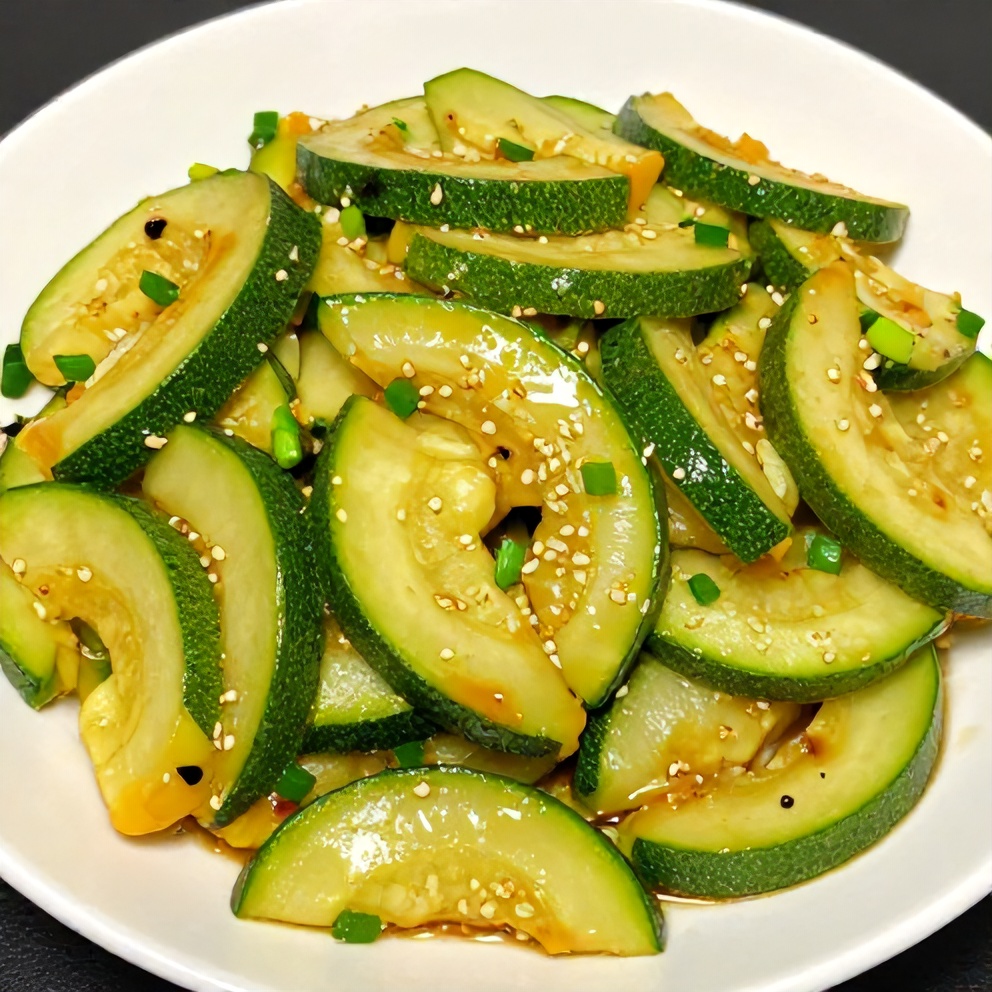 Plated zucchini stir fry with sesame seeds and green onions