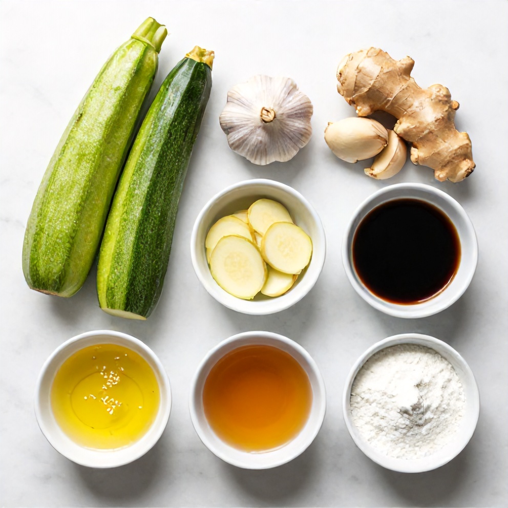 Raw ingredients for zucchini stir fry: zucchini, garlic, ginger, soy sauce, sesame oil, cornstarch
