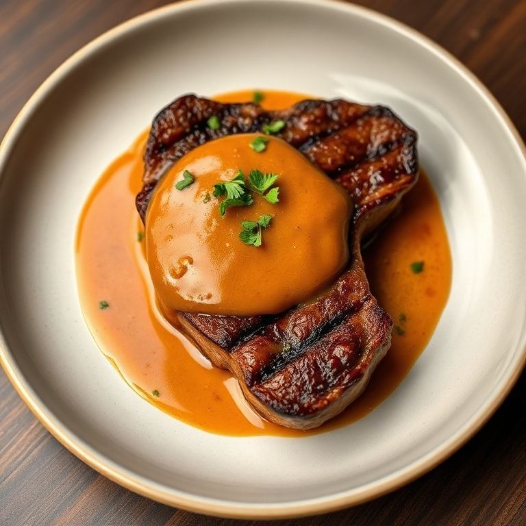 Finished plate of Entrecôte sauce over steak