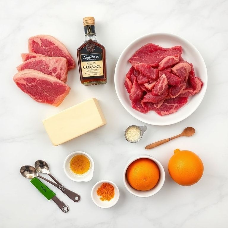 Raw ingredients for Entrecôte sauce with steak, butter, cognac, and spices