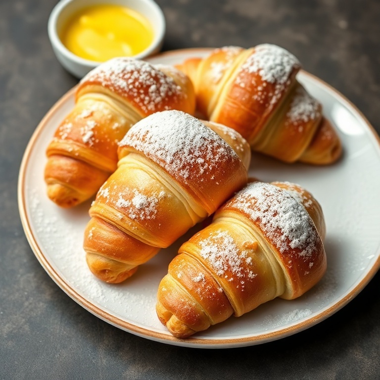 Perfectly plated flaky gluten free croissants with a dusting of powdered sugar. Small bowl with butter on the side. Warm lighting, photorealistic food photography