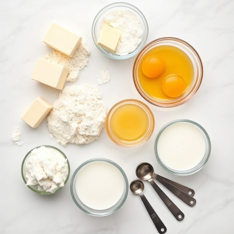Raw ingredients for flaky gluten free croissants arranged in overhead flat lay. Flour, butter, eggs, sugar, milk visible. Measuring spoons and cups present. White marble surface, bright light, photorealistic food photography