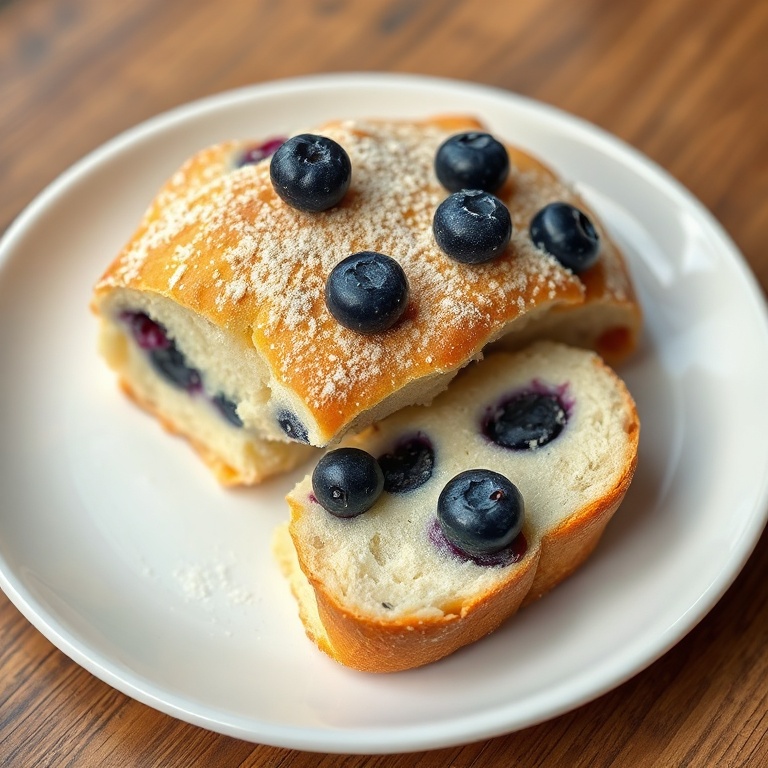 Cloud bread sliced. Blueberries visible. Topped with a sprinkle of sugar. Served on a white plate.