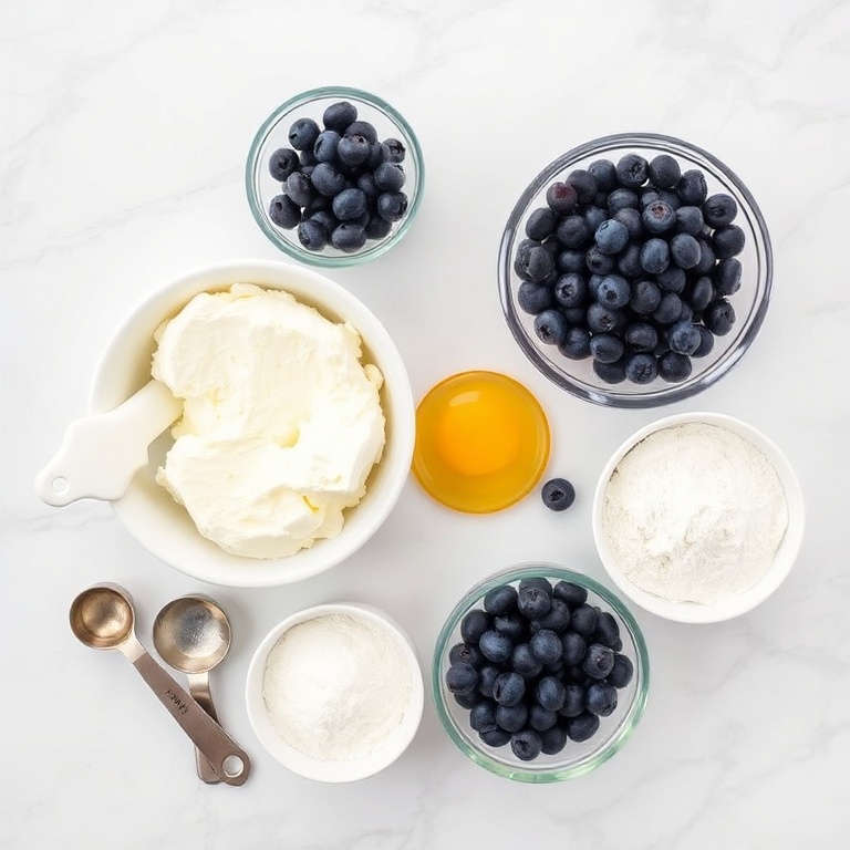 All ingredients for Fluffy Blueberry Cloud Bread. Cottage cheese, eggs, flour, blueberries, baking powder. Measuring spoons and bowls nearby.