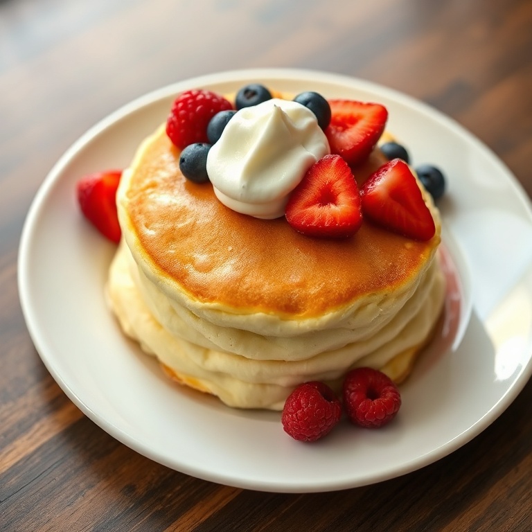 Perfect plated serving of fluffy Japanese soufflé pancakes. Topped with powdered sugar and a dollop of whipped cream. White ceramic plate. Warm side lighting highlighting texture.