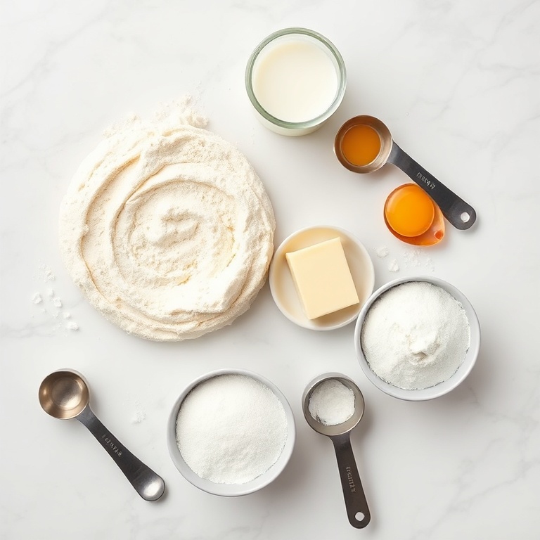 Overhead flat lay of all raw ingredients for fluffy Japanese soufflé pancakes. Flour, eggs, milk, butter, sugar. Measuring spoons and cups visible. White marble surface. Bright even light.