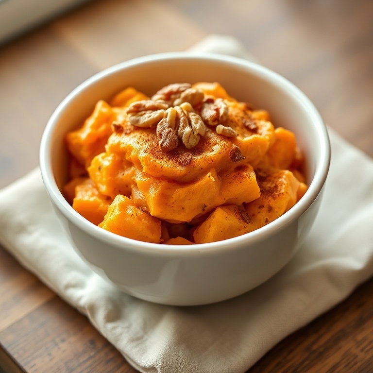 Fluffy sweet potato breakfast bowl in a white ceramic bowl. Cinnamon and walnuts on top. Warm lighting highlights details.