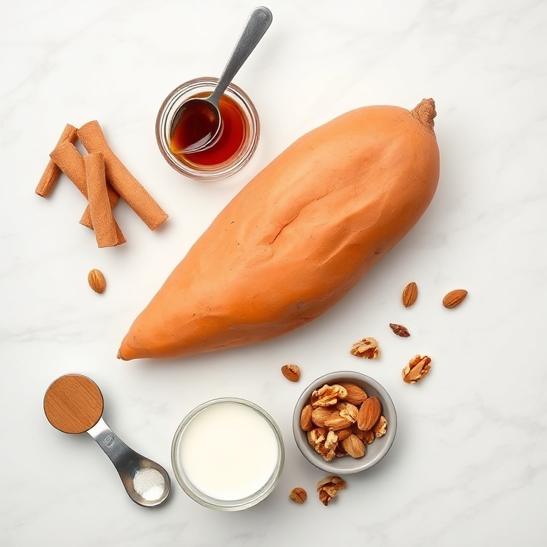 Sweet potato, maple syrup, cinnamon, almond milk, and walnuts arranged in a flat lay. Measuring tools and bowls visible.