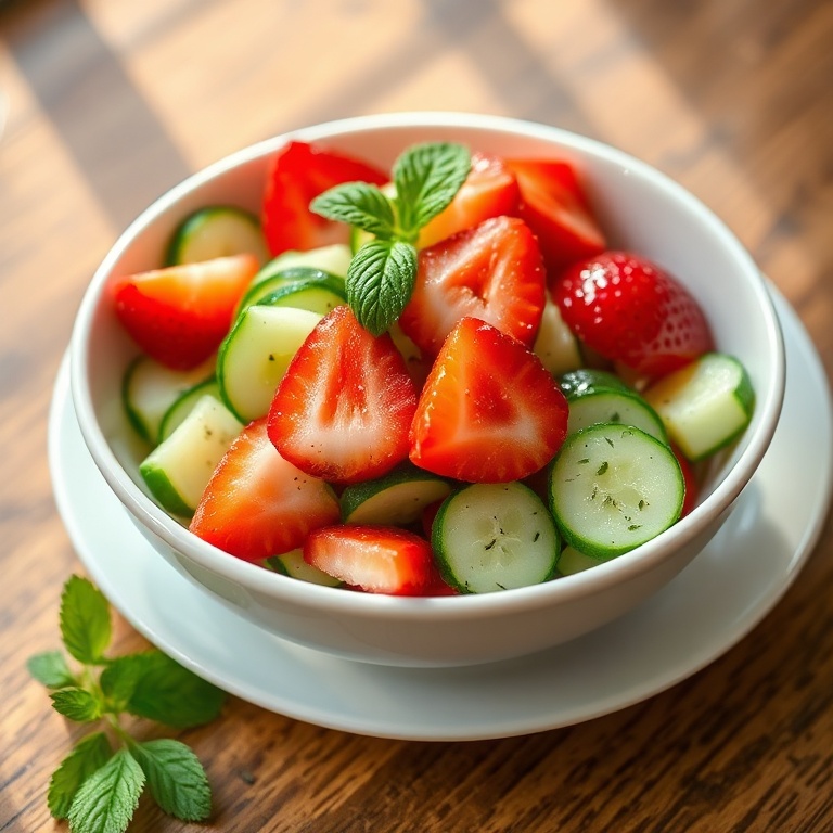 Cucumber and strawberry salad plated on a white bowl with a sprinkle of mint