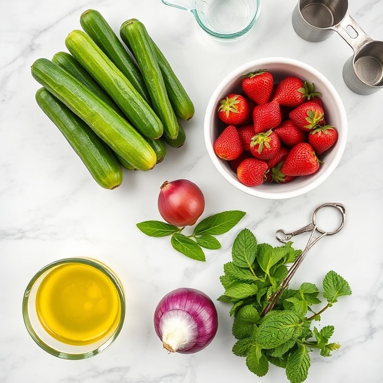 Fresh cucumbers, strawberries, and herbs arranged on a marble countertop with measuring cups