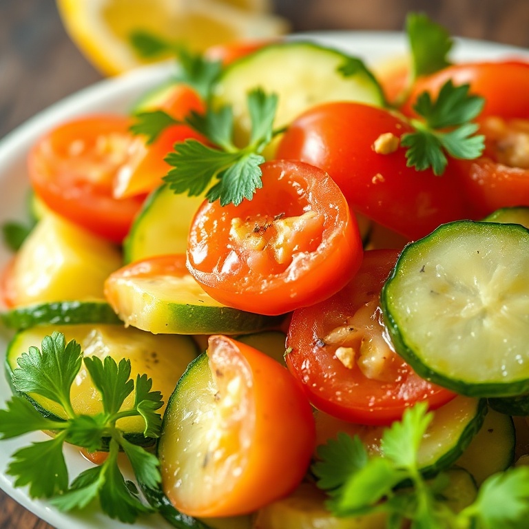 Perfectly plated fresh cucumber tomato salad with lemon dressing and fresh parsley.