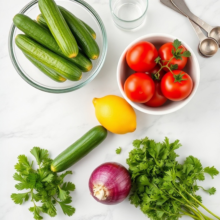 Fresh cucumbers, ripe tomatoes, red onion, parsley, and lemon on a white marble surface.