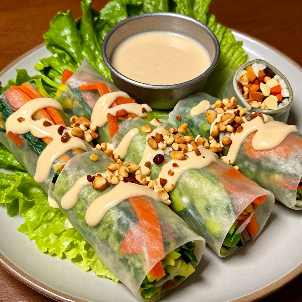 Plated Fresh Lettuce Wrapped Veggie Spring Rolls with Almond Dip