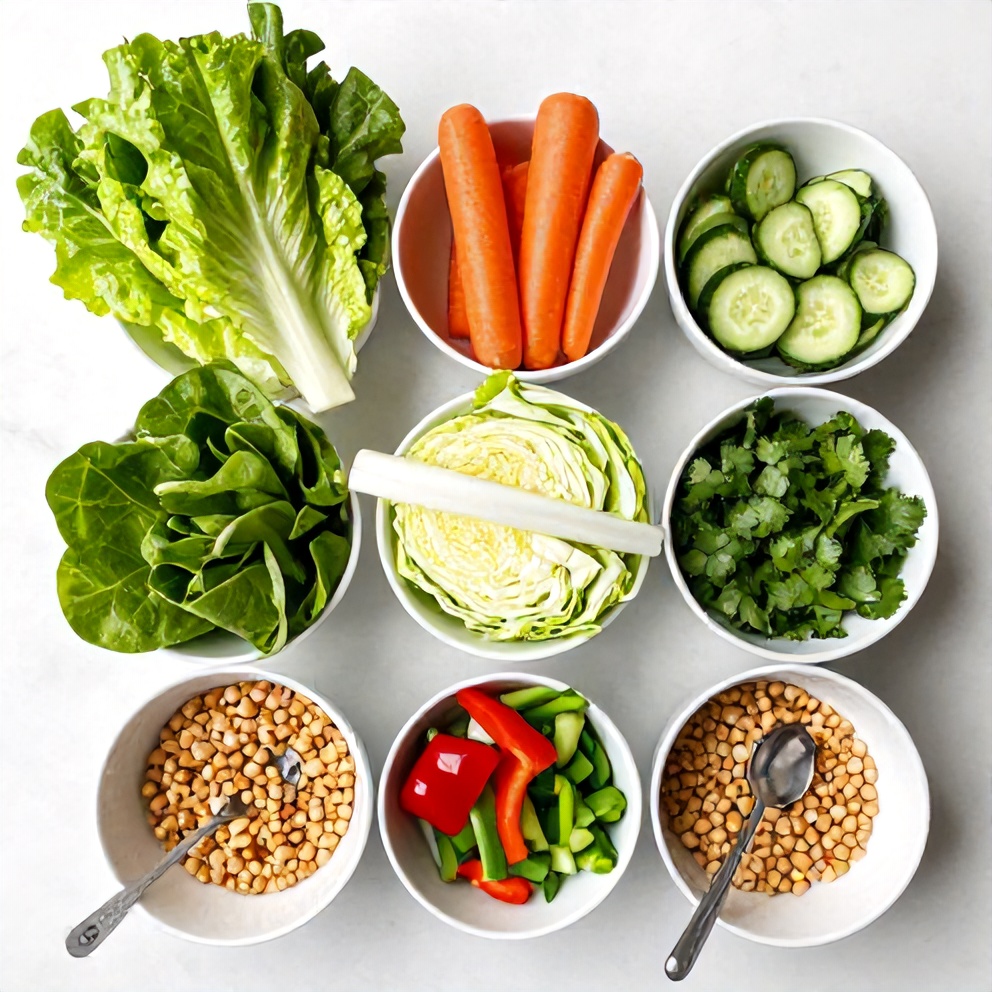 Raw ingredients for Fresh Lettuce Wrapped Veggie Spring Rolls