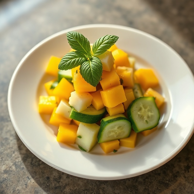 A single serving of fresh mango cucumber salad. Topped with fresh mint. Served on a white ceramic plate. Warm side lighting. Photorealistic food photography style.