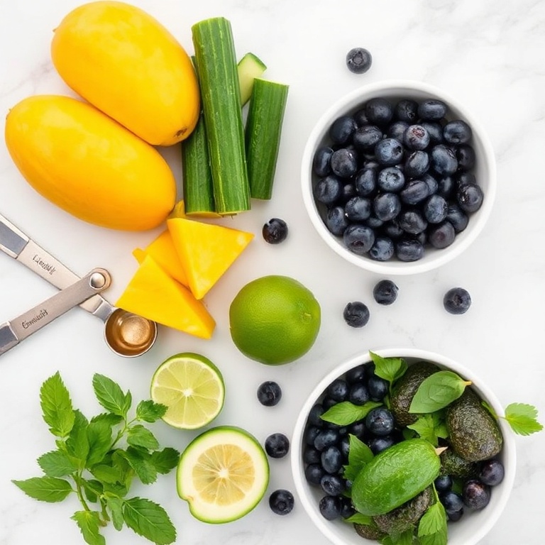 All raw ingredients for fresh mango cucumber salad. Mangos, cucumbers, blueberries, avocados, and lime. Measuring spoons and bowls visible. White marble surface. Bright even light. Overhead food photography style.