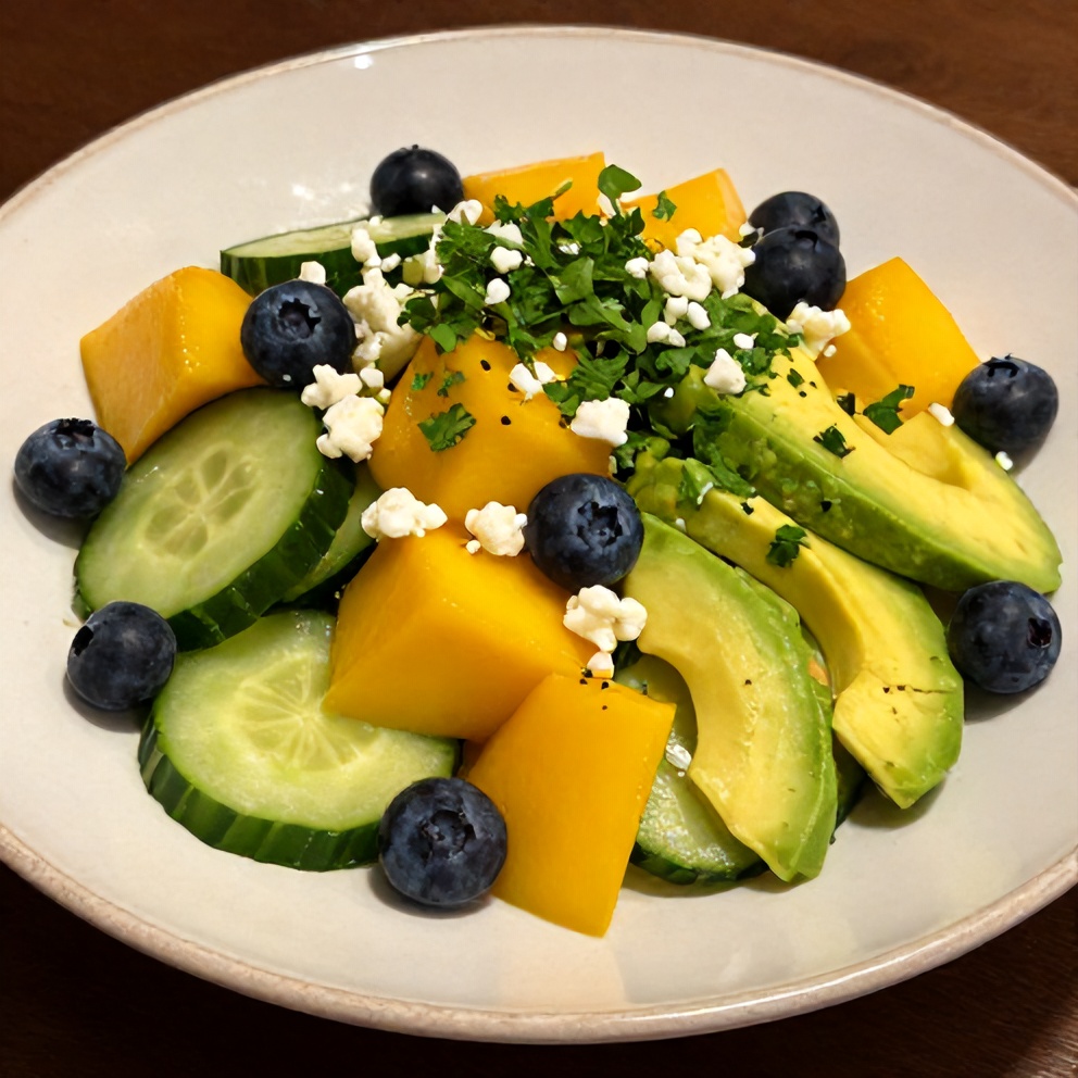 Fresh Mango Cucumber Salad with Blueberries and Avocado on a plate