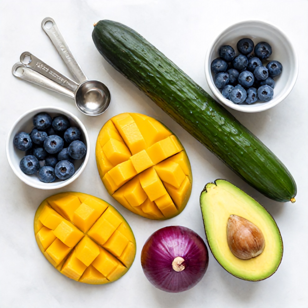 Raw ingredients for Fresh Mango Cucumber Salad