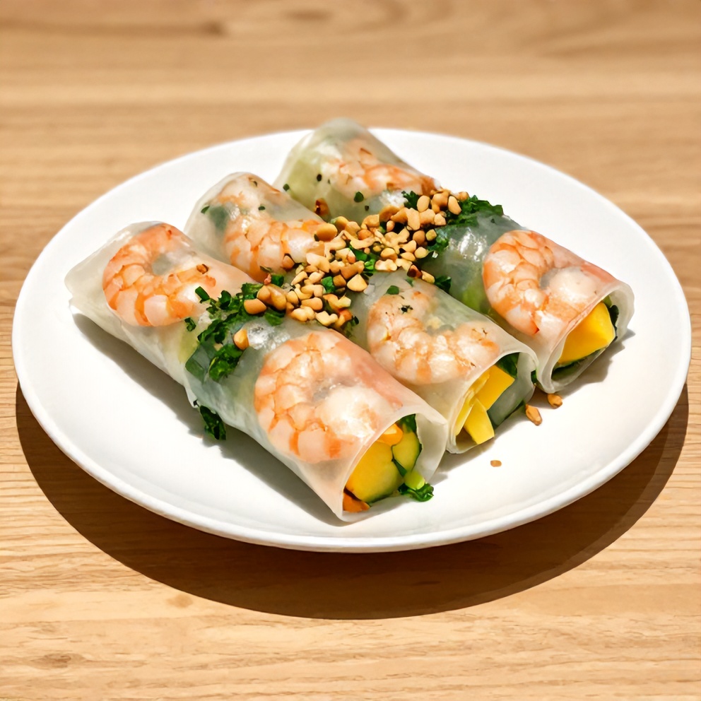 Plated Fresh Mango Shrimp Summer Rolls on a white plate
