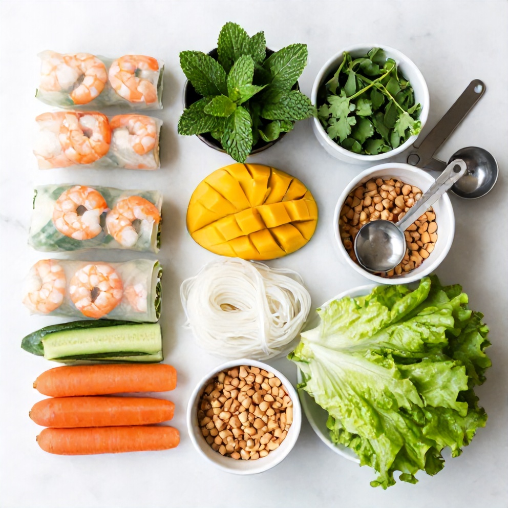 Raw ingredients for Fresh Mango Shrimp Summer Rolls on a white marble surface