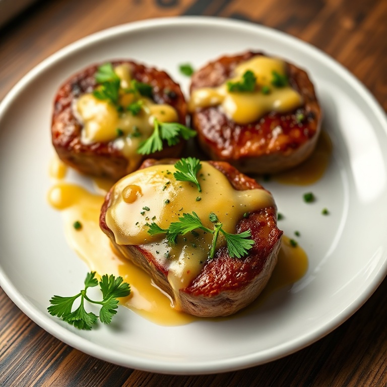 Plated garlic butter steak bites with fresh parsley. Close crop. Warm side lighting. White ceramic plate. Photorealistic food photography.