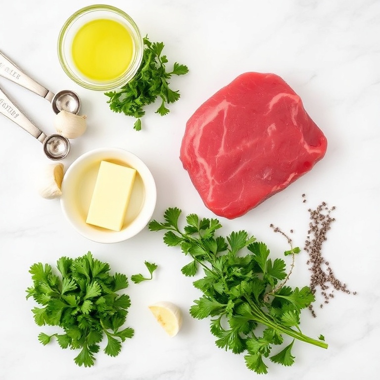 Raw ingredients for garlic butter steak bites. Beef tenderloin, garlic, butter, fresh parsley, and thyme. Measuring spoons and bowls visible. White marble surface. Bright even light.