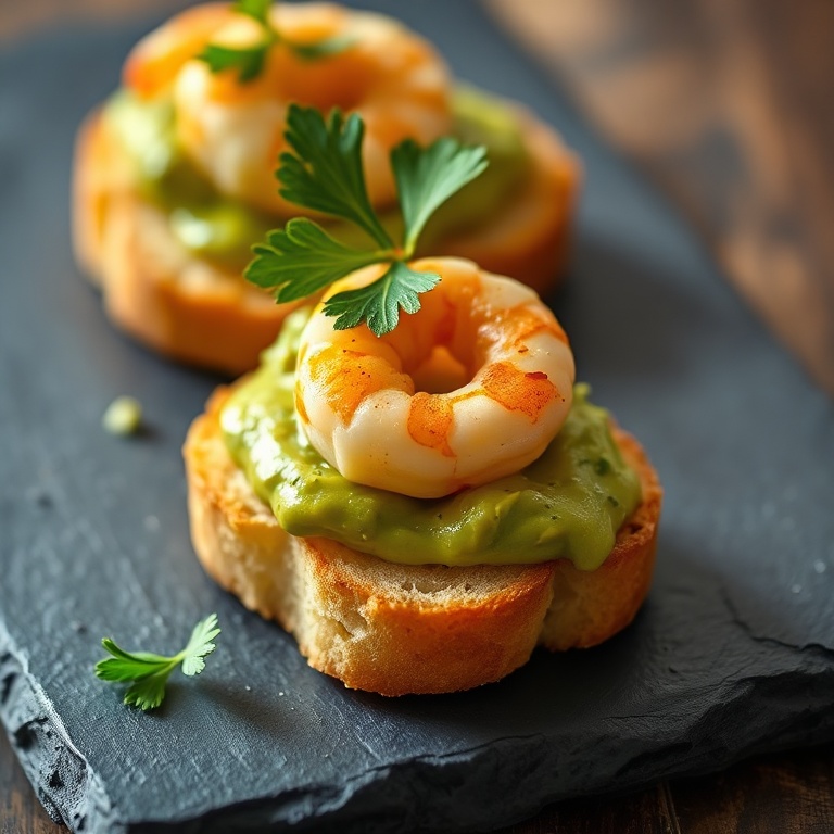 Finished garlic shrimp crostini plating