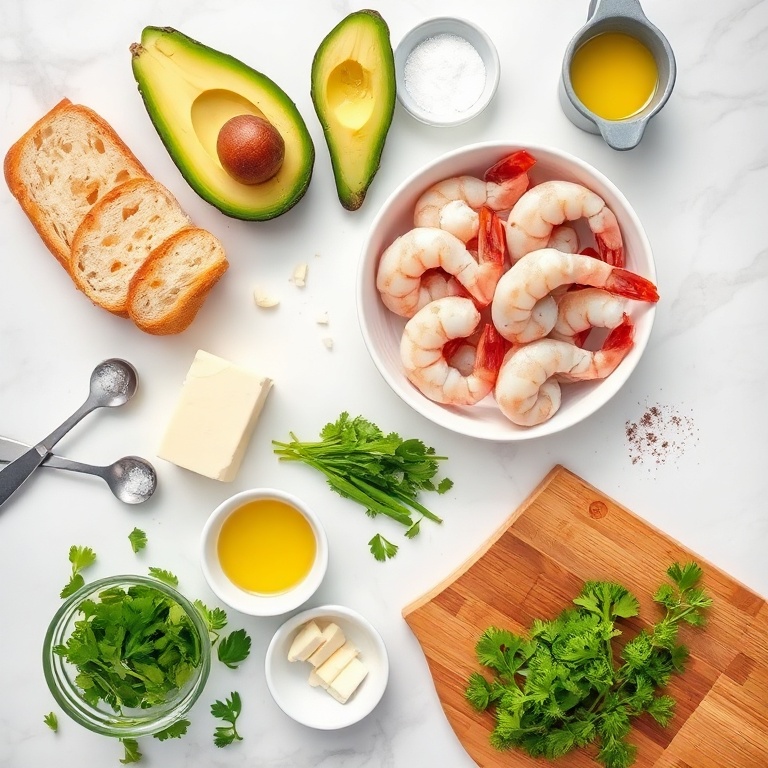 Raw ingredients for garlic shrimp crostini