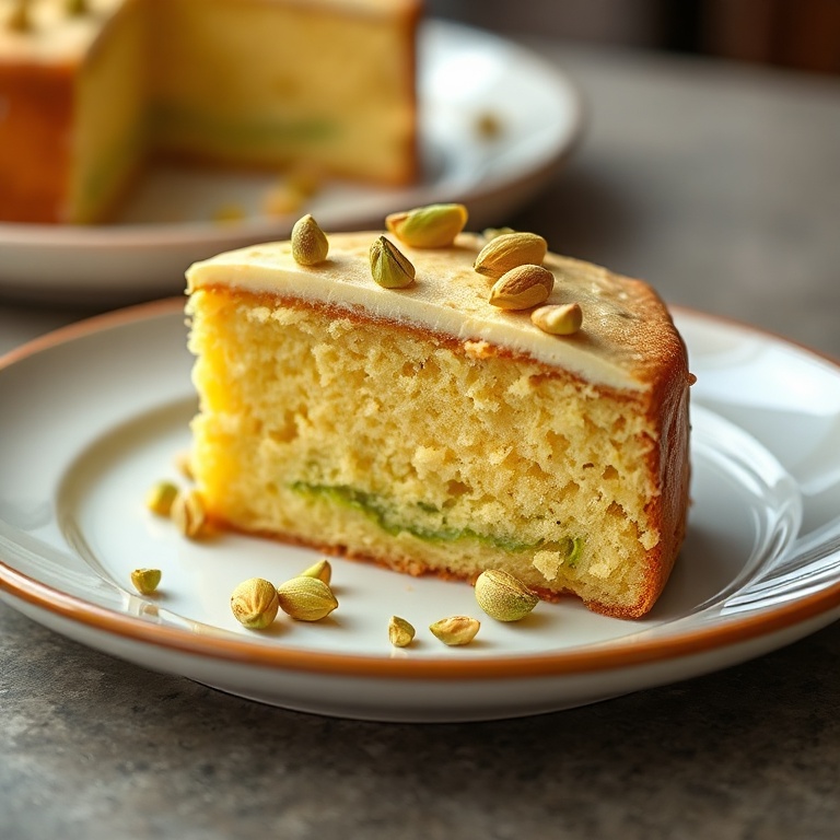 One perfect plated serving of pistachio butter cake. Garnished with pistachios. Close crop. Warm side lighting showing texture. Photorealistic food photography style.