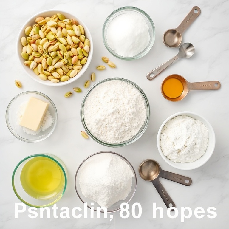 Overhead flat lay of pistachio butter cake ingredients. Pistachios, butter, flour, sugar, and eggs prominent. Prep bowls and measuring tools visible. White marble surface. Bright even light.