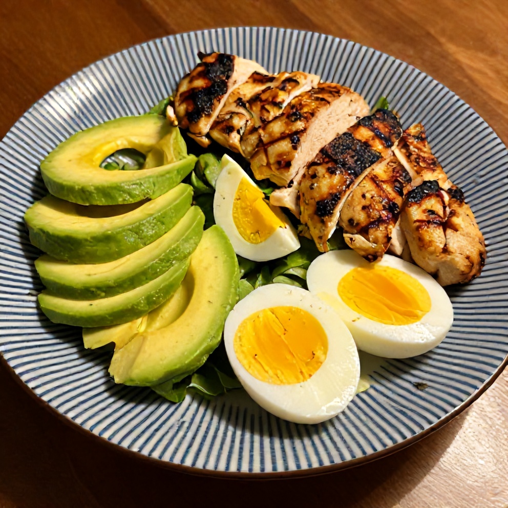 Plated grilled chicken cobb salad with avocado and hard-boiled eggs
