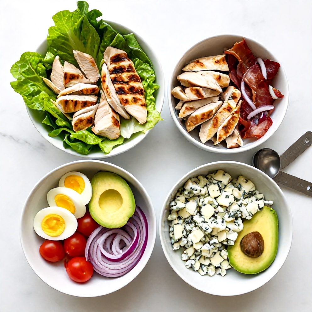 Raw ingredients for grilled chicken cobb salad