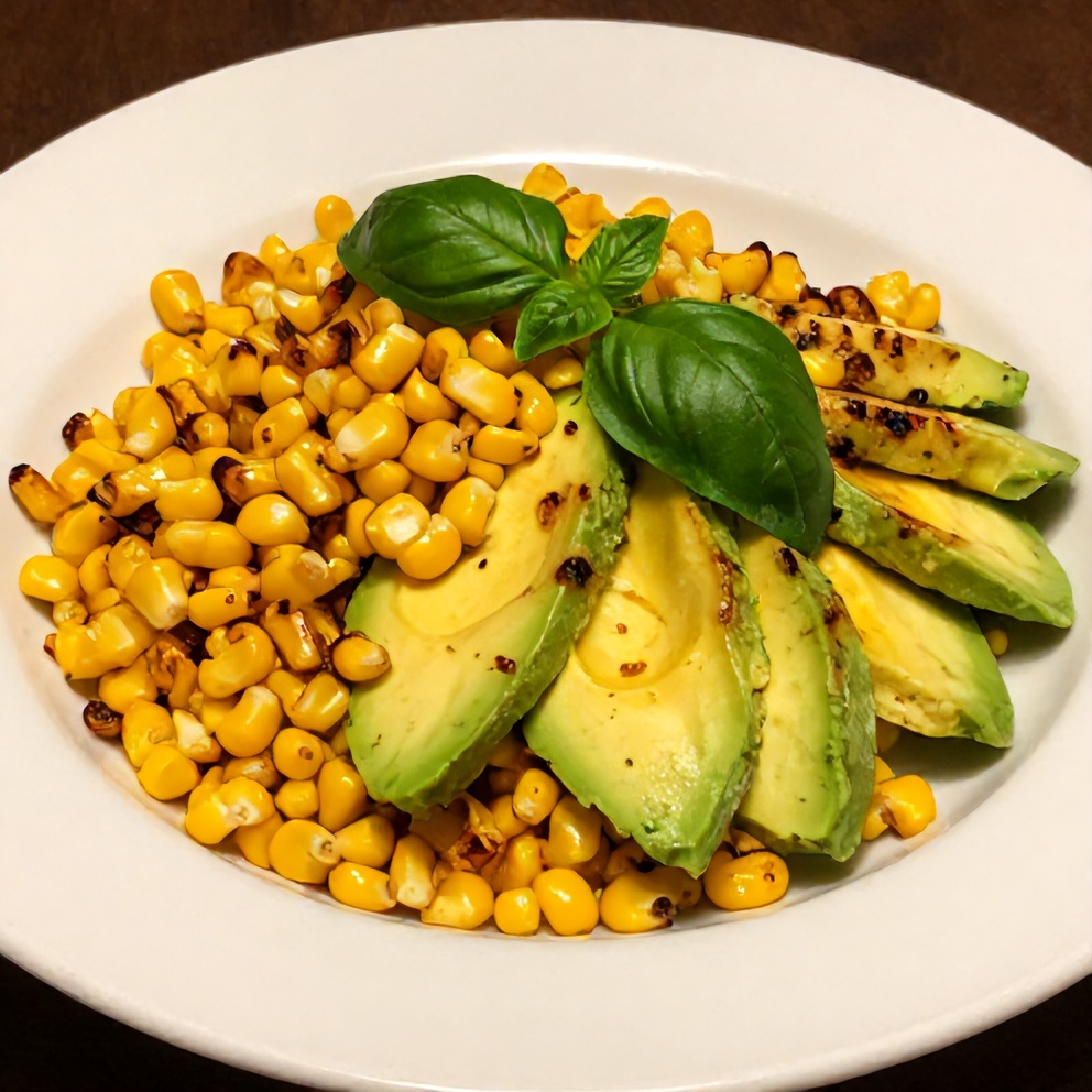 Plated Grilled Corn Avocado Salad with Fresh Basil