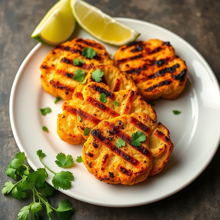 Grilled Mexican street cauliflower steaks on a white plate. Lime wedges and cilantro on the side. Warm side lighting. Close crop. Photorealistic food photography style.