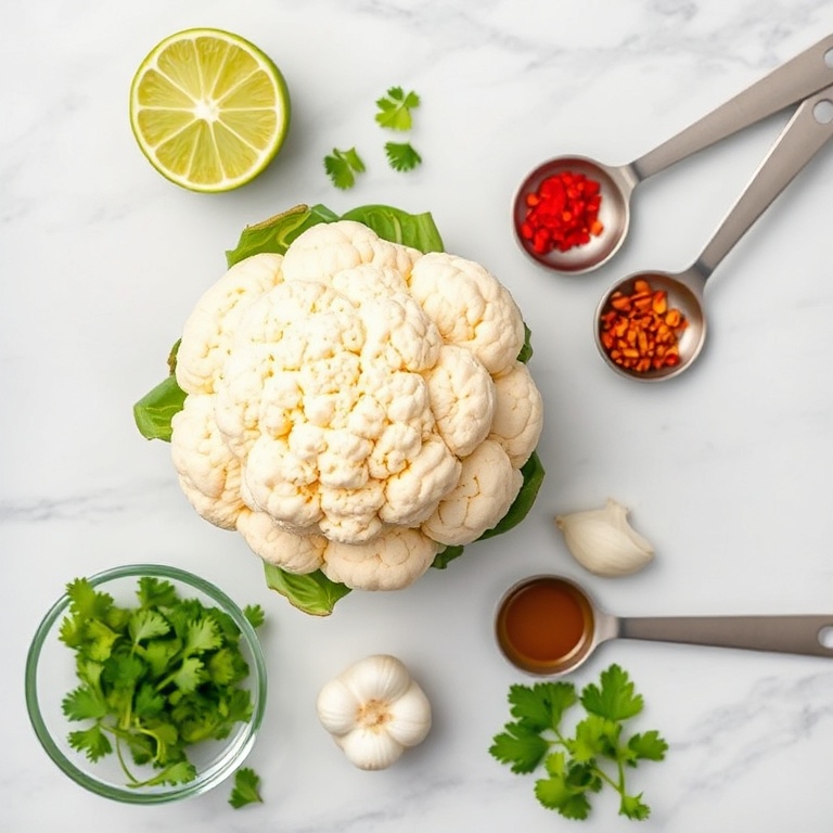 Raw cauliflower, lime, cilantro, chili flakes, garlic. Overhead flat lay. Prep bowls and measuring spoons. White marble surface. Bright even light. Photorealistic overhead food photography style.