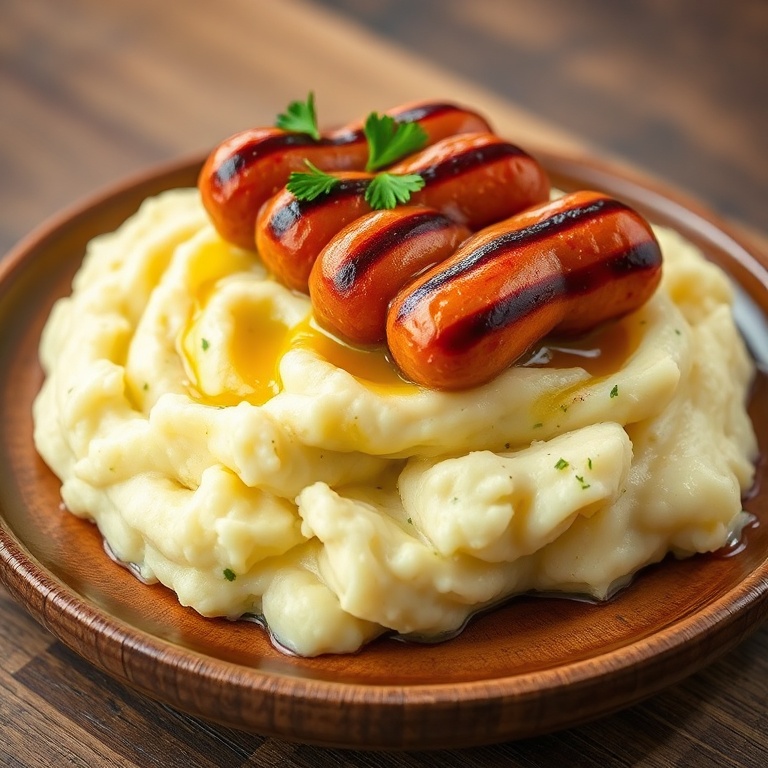 Plated Hasselback brats with mashed potatoes and parsley garnish
