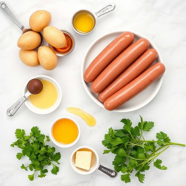 Flat lay of bratwurst, potatoes, honey, mustard, butter, and spice jars