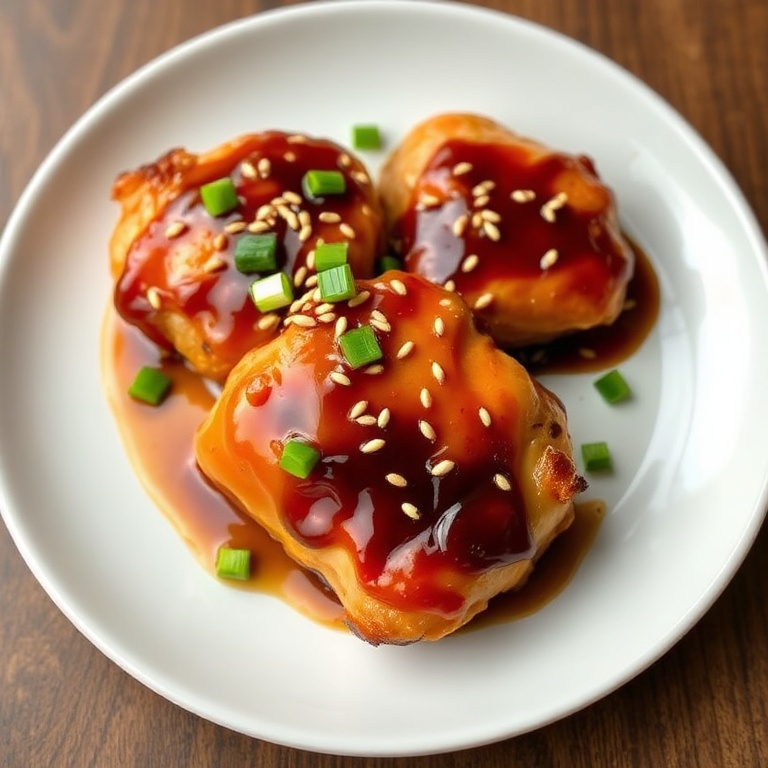Perfectly plated chicken thighs with teriyaki glaze. Topped with sesame seeds and green onions. White ceramic plate with warm side lighting highlighting the glossy sauce and crispy edges.