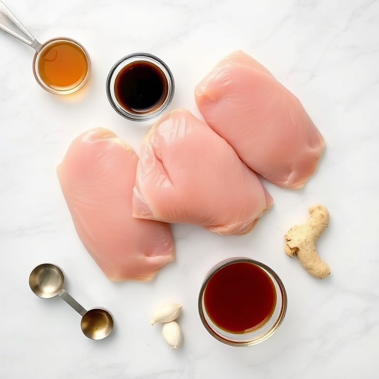 Raw chicken thighs, soy sauce, garlic, ginger, honey, and rice vinegar arranged as an overhead flat lay. Measuring spoons, bowls, and a white marble surface. Bright even light with no harsh shadows.